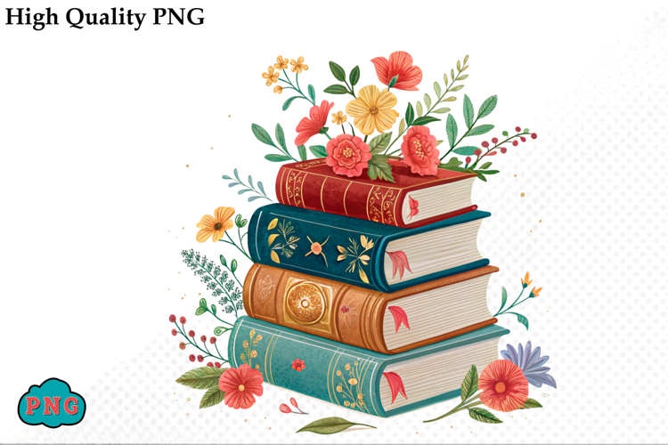 Watercolor Floral Books Clipart PNG