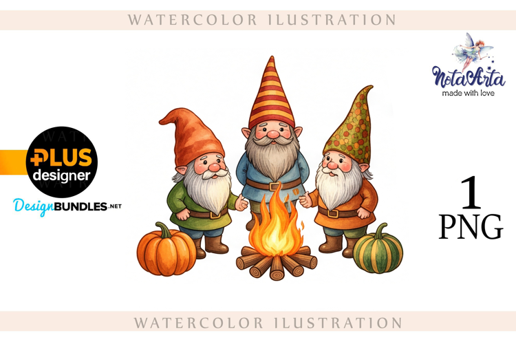 Gnomes with Pumpkin Harvest in Watercolor Style
