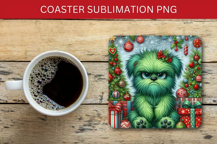 square coaster - grumpy green dog