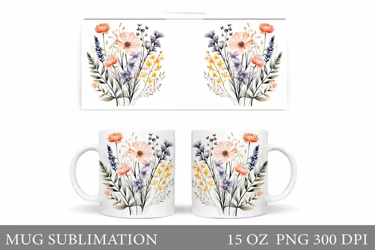 Flowers Mug Wrap Design. Wildflowers Mug Sublimation