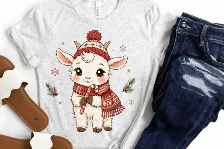 Christmas Baby Goat With Candy Cane PNG Sublimation Design