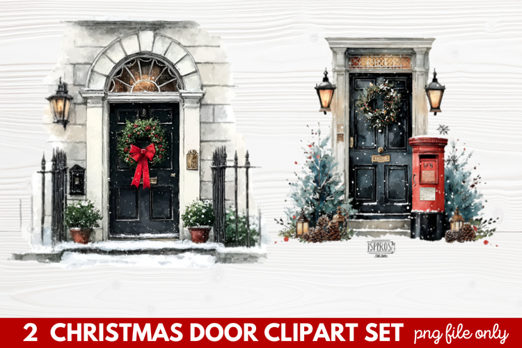2 Christmas Door Clipart Set | Festive Holiday Front Door