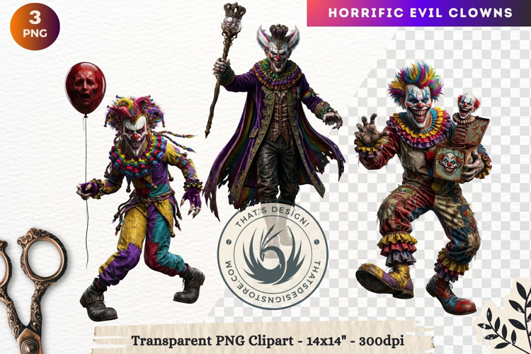 Horrific Evil Clown Clipart - Creepy Circus PNG Graphics