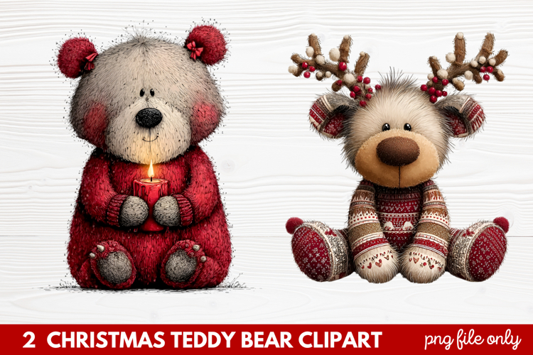 2 Christmas Teddy Bear Clipart | Cute Holiday Bear PNG Illus