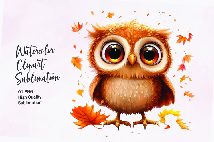 Cute baby owl with autumn leaves watercolor clipart