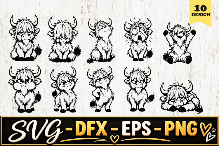 Cute Highland Cow Cartoon Expressions SVG PNG