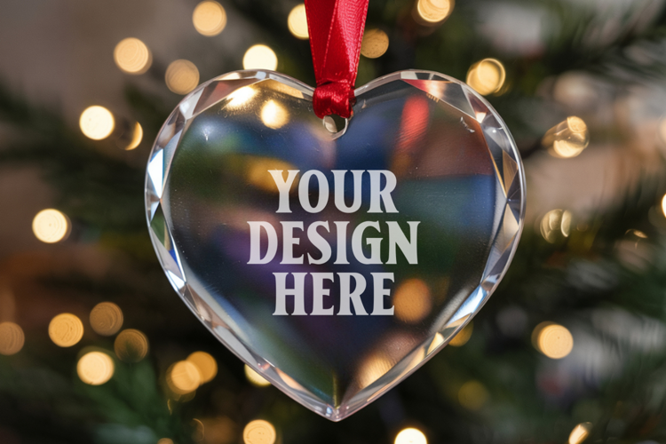 Christmas Heart Crystal Glass Ornament Mockup | Clear Heart