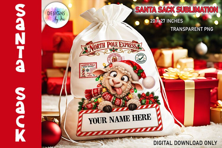 Funny Sheep Santa Sack Christmas Sublimation PNG example image 1