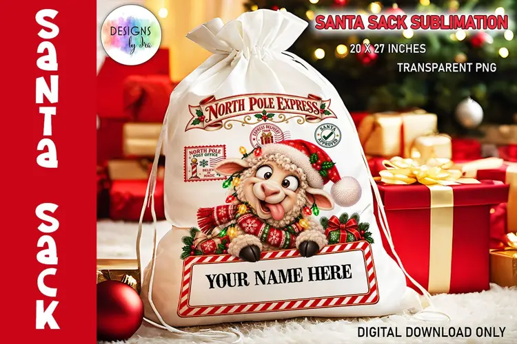 Funny Sheep Santa Sack Christmas Sublimation PNG