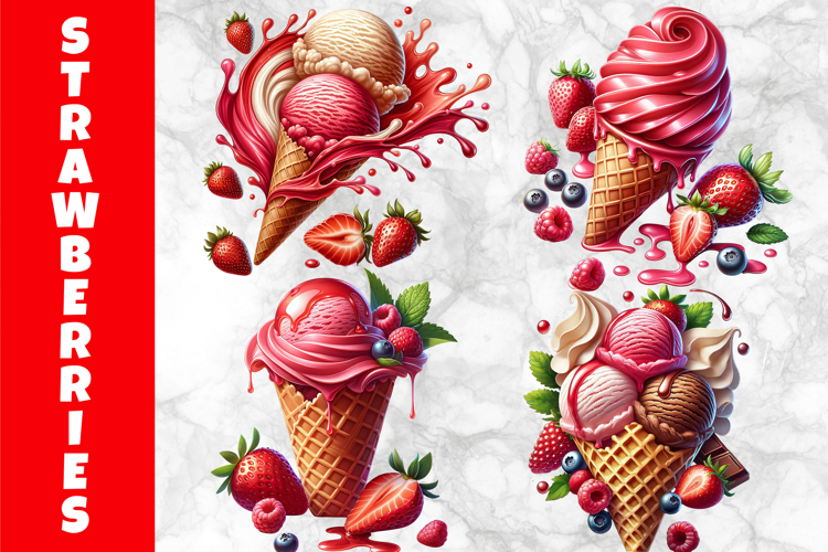 Strawberry Ice Cream Cone Clipart, Summer Sweets PNG