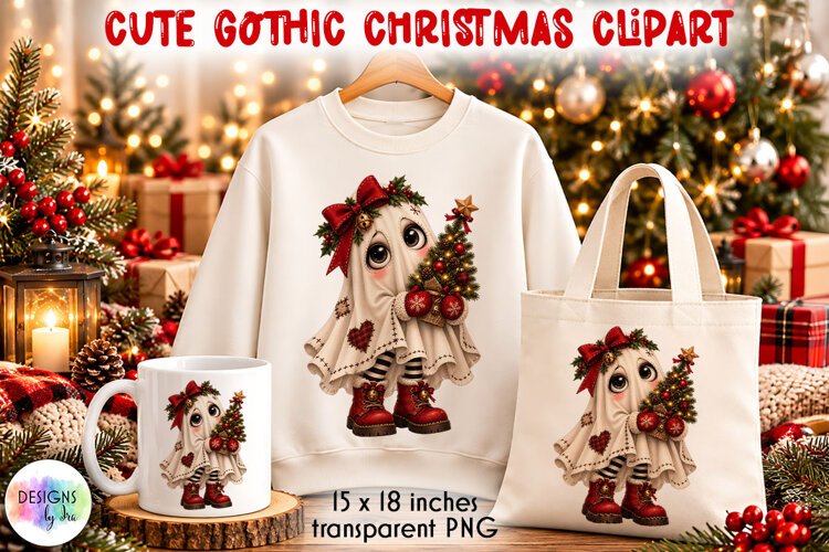 Cute Gothic Christmas Ghost with Tree PNG Clipart example image 1