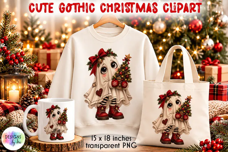Cute Gothic Christmas Ghost with Tree PNG Clipart