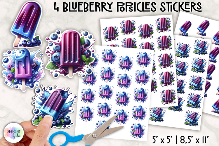 Blueberry Popsicle Stickers, Summer Ice Lollies Clipart