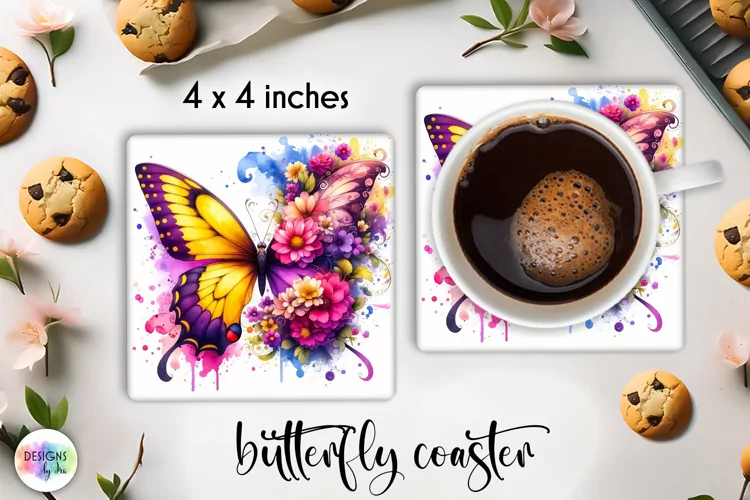 Floral Butterfly Coaster | Watercolour Butterfly Coaster PNG