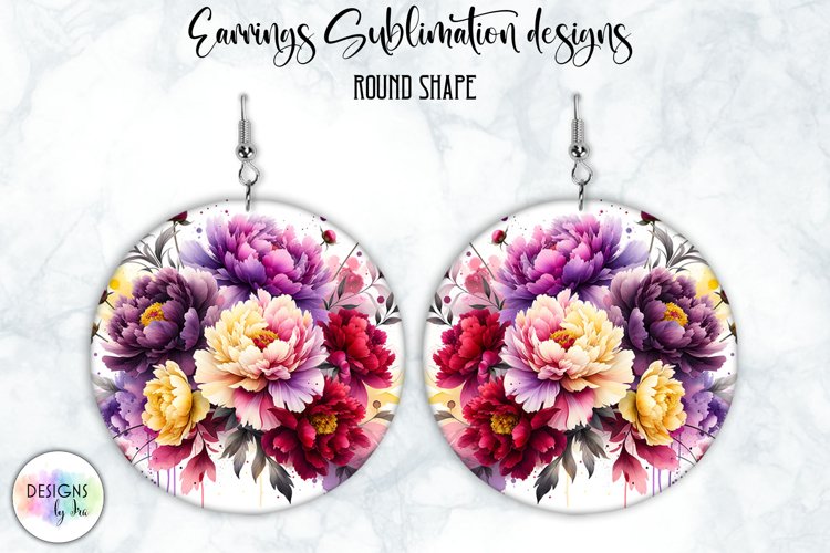 Peony Earrings Sublimation | Round Earrings PNG | Flowers