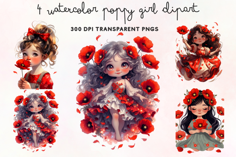 Watercolor Poppy Girl Clipart PNG