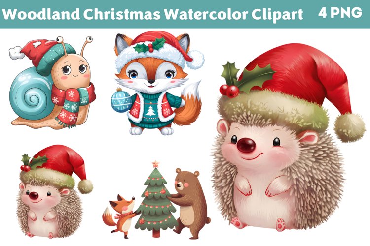 Woodland Christmas Watercolor Clipart PNG