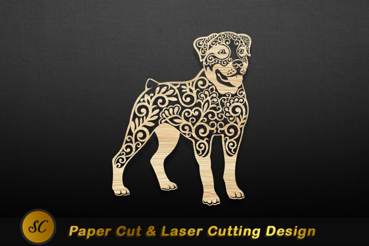 Ornate dog silhouette wood carving Rottweiler Laser cut