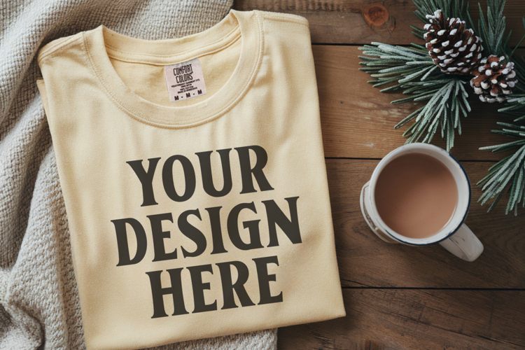 Butter Comfort Colors 1717 Christmas Folded T-Shirt Mockup