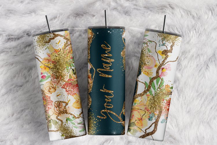 Personalized Gold Glitter Flowers Roses 20 oz tumbler wrap