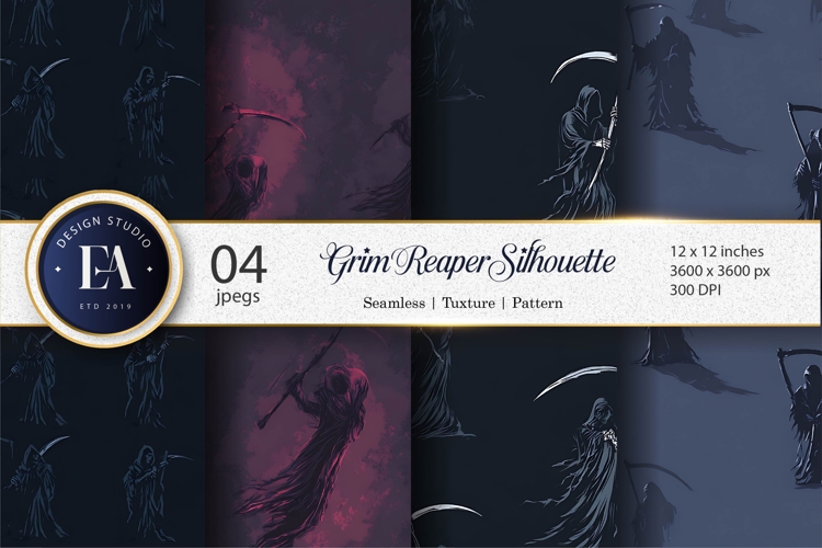 Seamless Grim Reaper Silhouettes with Scythe Digital Paper