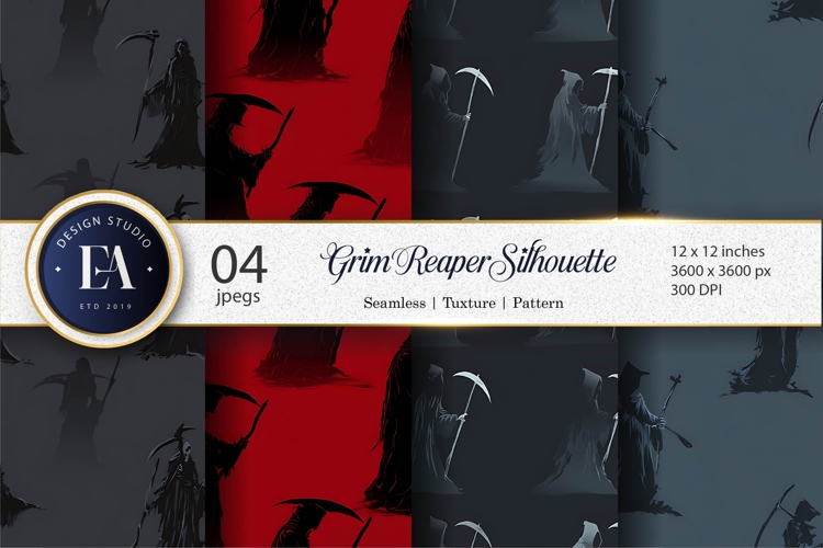 Seamless Grim Reaper Silhouettes with Scythe Digital Paper