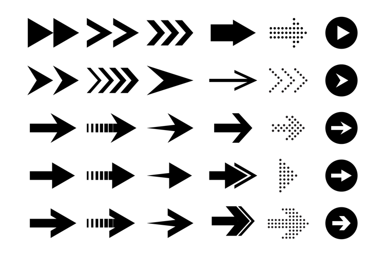 A diverse collection of black arrow icons