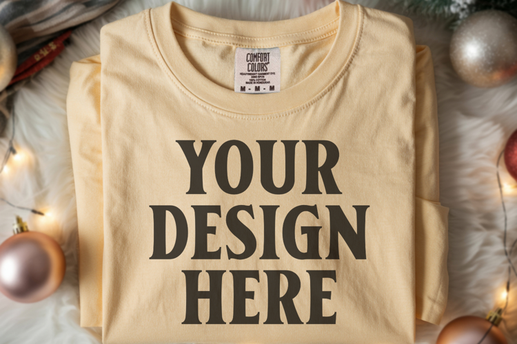 Butter Comfort Colors 1717 Christmas Folded T-Shirt Mockup