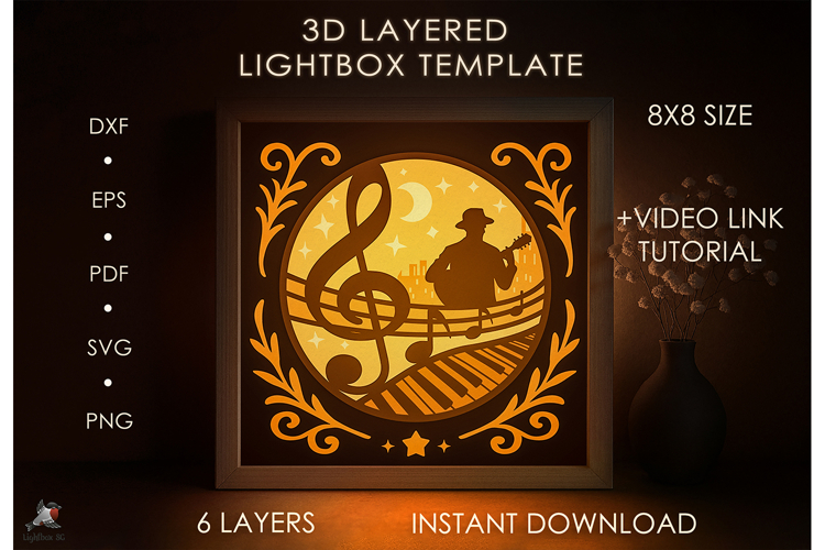 3D Music Pattern Guitar Shadow box SVG Papercut template