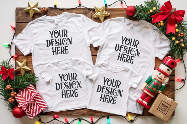 Christmas Family Matching Shirt Mockup | Cozy Boho Flat Lay