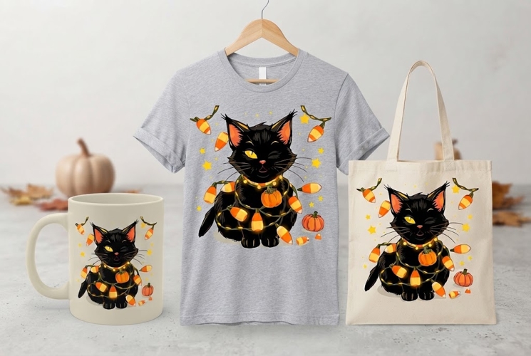 Halloween Black Cat PNG | Candy Corn Lights & Pumpkin Clipar