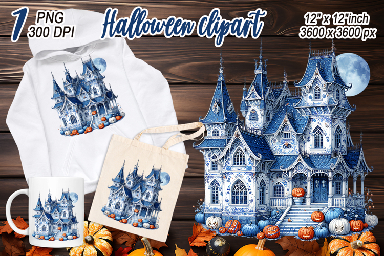 Cute blue Halloween haunted house clipart t shirt design png