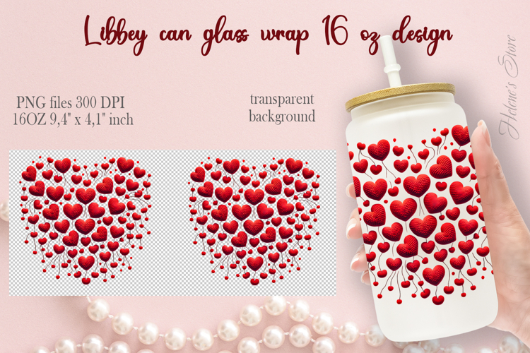 Red Valentine heart Libbey Can Glass Wrap 16oz design png