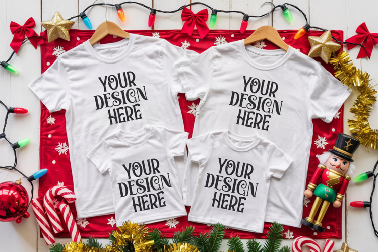 Christmas Family Matching Shirt Mockup | Cozy Boho Flat Lay