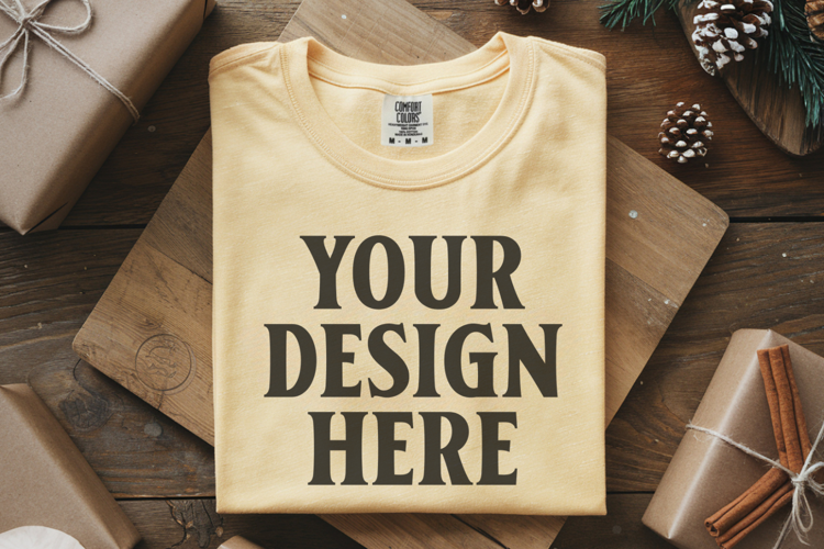 Butter Comfort Colors 1717 Christmas Folded T-Shirt Mockup