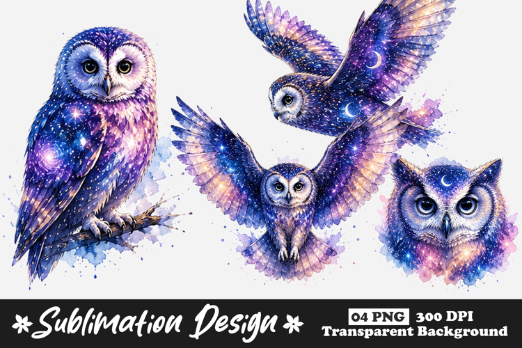 Galaxy Owl Watercolor Sublimation PNG for T Shirt and Mug example image 1
