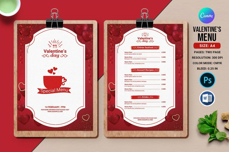 Valentines Party Menu Flyer, Canva, Ms Word & Photoshop