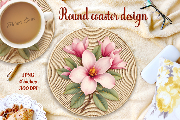 Delicate vintage floral round coaster sublimation design png