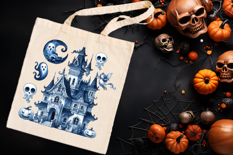 Cute blue Halloween haunted house clipart t shirt design png