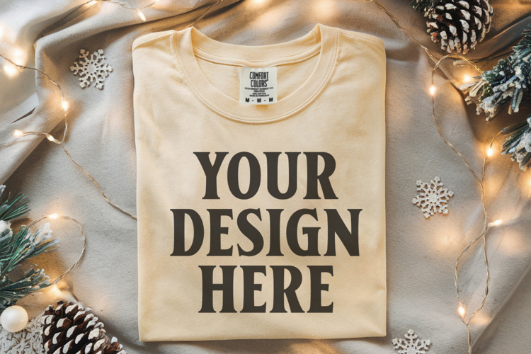 Butter Comfort Colors 1717 Christmas Folded T-Shirt Mockup