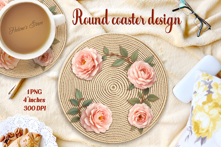 Delicate vintage floral round coaster sublimation design png