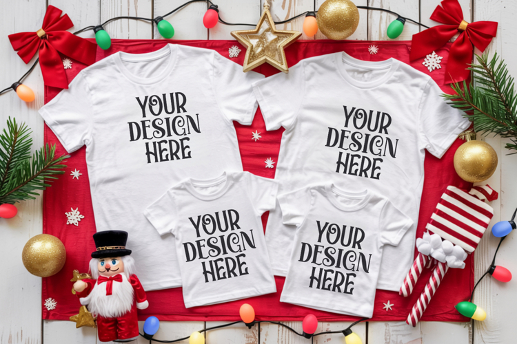 Christmas Family Matching Shirt Mockup | Cozy Boho Flat Lay