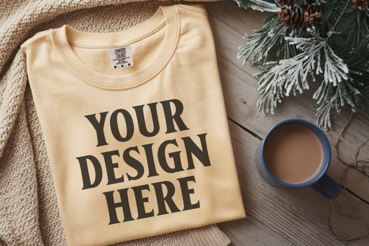 Butter Comfort Colors 1717 Christmas Folded T-Shirt Mockup