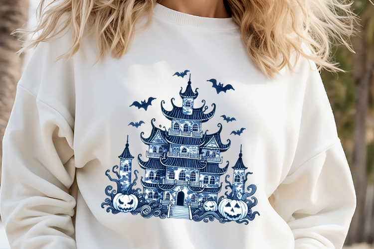 Cute blue Halloween haunted house clipart t shirt design png