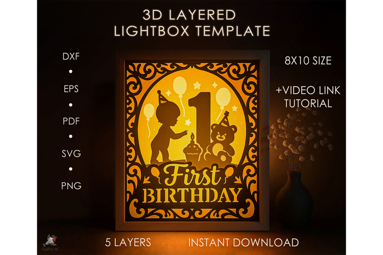 3D First Birthday Lightbox Shadow box SVG Papercut template