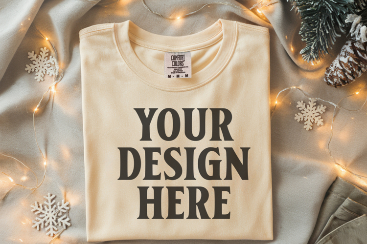 Butter Comfort Colors 1717 Christmas Folded T-Shirt Mockup