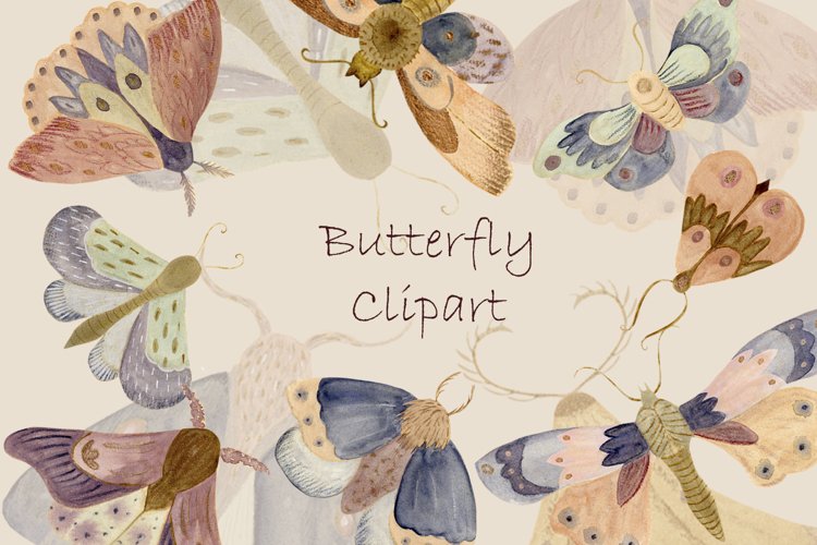 Boho Butterfly clipart set png, Watercolor Moth illustration example image 1