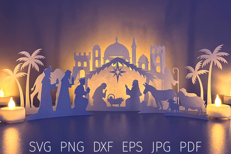 3d Nativity scene svg template, Christmas scene papercut