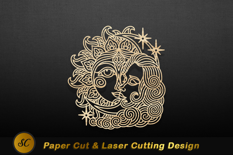Celestial Sun Moon Faces Swirls Stars image Laser cut