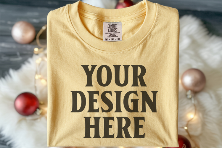 Butter Comfort Colors 1717 Christmas Folded T-Shirt Mockup